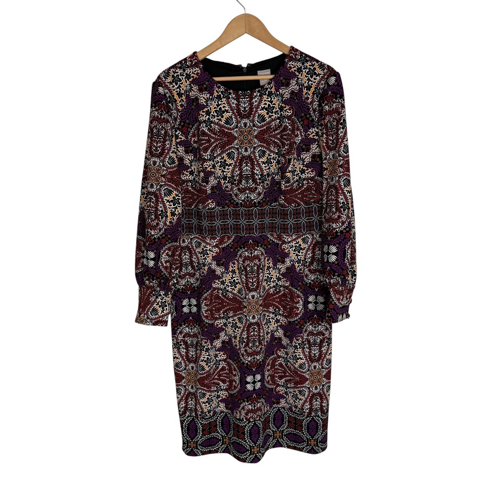 Chicos Paisley Medallion Sheath Dress Sz 3 US 16/18 Long Sleeve Burgundy Multi